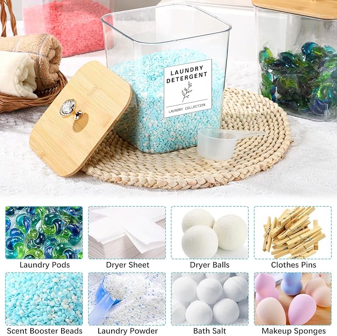Reallnaive 5 Pcs Laundry Room Organization Storage Containers 4 Large 3L Laundry Pod Containers and Dryer Sheet Holder with Bamboo Lids 18 Labels 4 Scoops for Detergent Powder Laundry Organizer