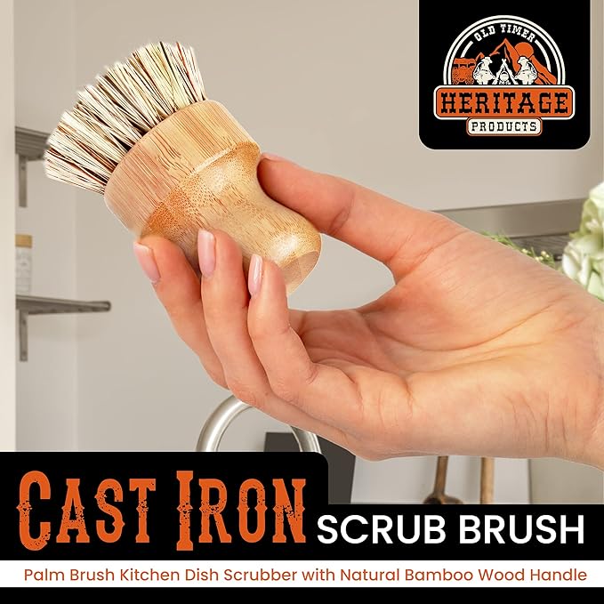 Heritage Products Cast Iron Scrub Brush, Palm Brush Kitchen Dish Scrubber with Natural Bamboo Wood Handle and Densely Packed Nylon Bristles Protects Nonstick Cast Iron Seasoning During Dishwashing