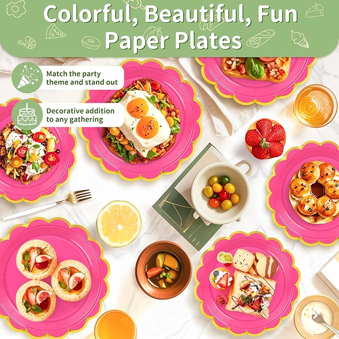 50 Pcs Rose Paper Plates, 25 Pcs 9" and 25 Pcs 7" Disposable Rose Scalloped Plates with Gold Foil for Graduation Wedding Baby Shower Birthday Party Picnic BBQ
