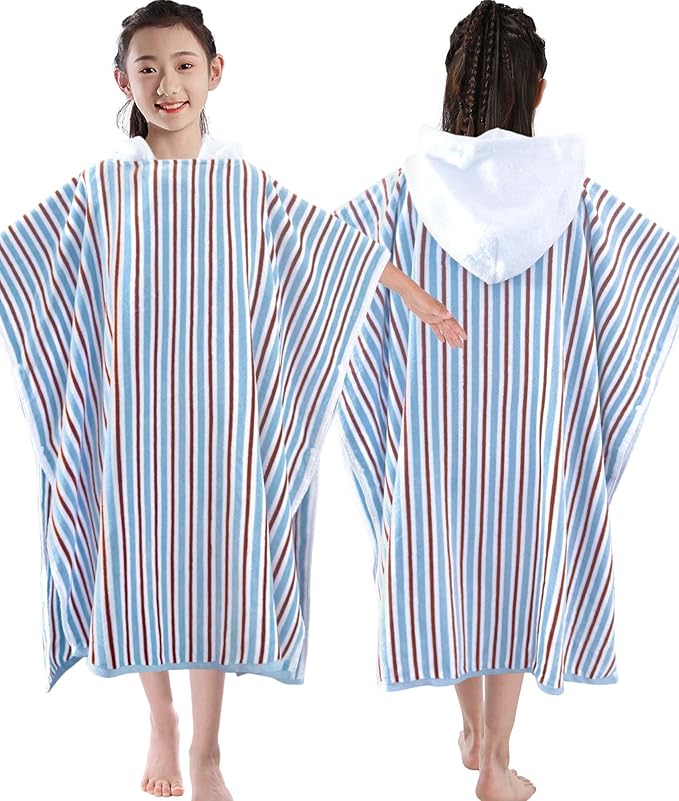 VOOVA & MOVAS Hooded Poncho Towel for Teens Unisex 100% Cotton Classic Nautical Beach Swim Bath Cover Up Red Blue Stripe