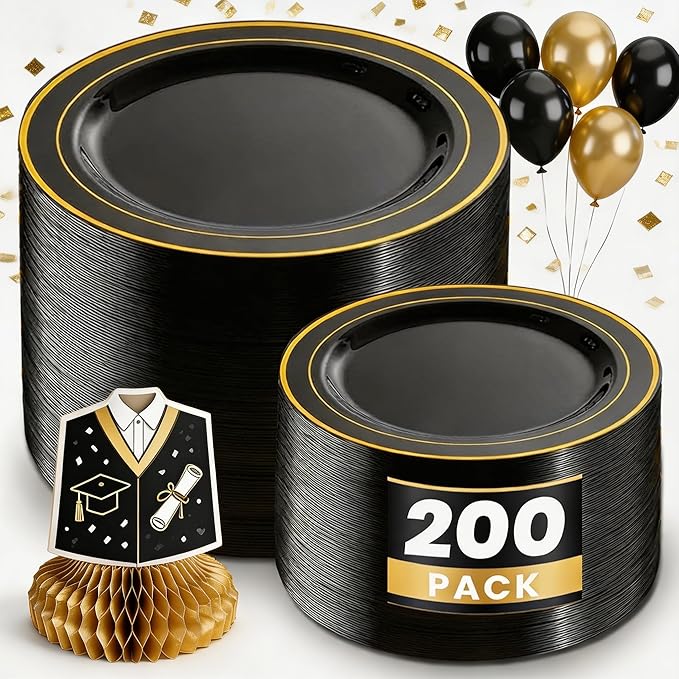 WDF 200PCS Black and Gold Plastic Plates - Black Plates Disposable for Party - Heavy Duty Plastic Plate for Wedding/Party/Birthday/Graduation