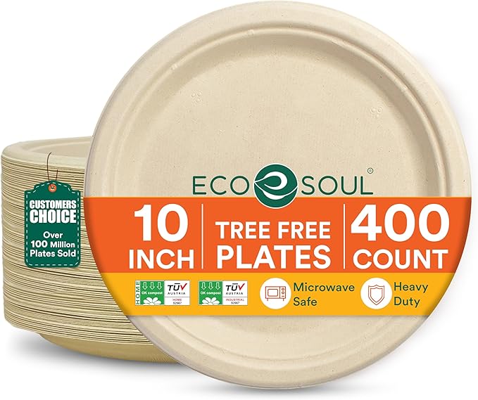 ECO SOUL Compostable Paper Plates 10 Inch, 400 Pack – Heavy Duty Disposable Paper Plates, Biodegradable Sugarcane Bagasse, Durable & Microwave Safe, Unbleached Round Dinner Plates for Party, Picnic