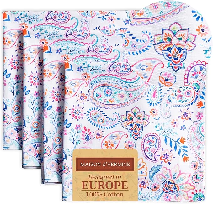 Maison d' Hermine 100% Cotton Cloth Napkins Set of 4 Everyday Reusable Square Napkins Cloth Washable Dinner Party Wedding Restaurant Hotel Kitchen Spring Summer (Indian Floral, 20" x 20")