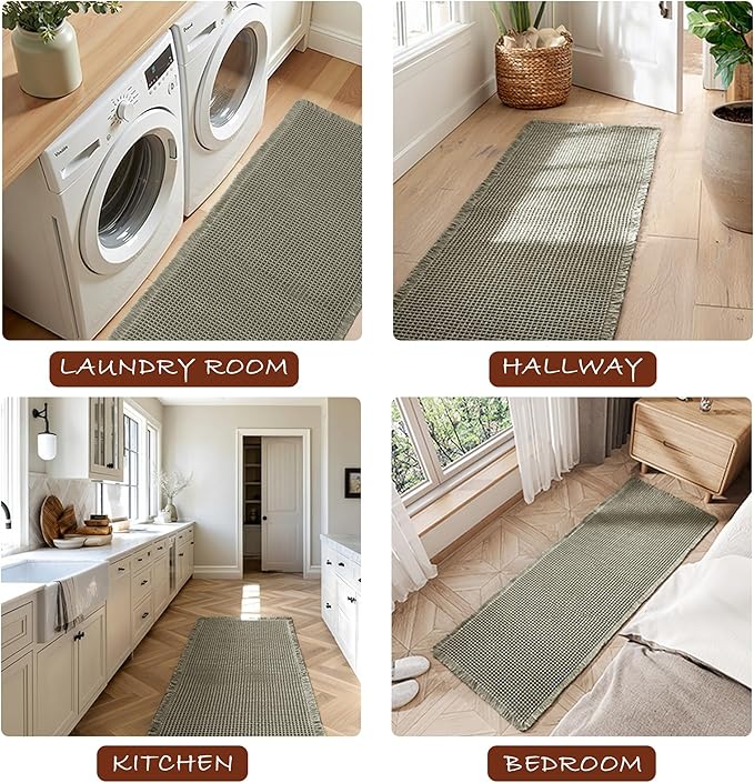 DWCN Set of 2 Waffle Bathroom Mats, Non Slip Bath Rug Set for Bathroom Floor, Super Absorbent Shower Mats for Tub, Washable Kitchen Rugs for Farmhouse Style, 20" x 32" Plus 24" x 60", Olive Green