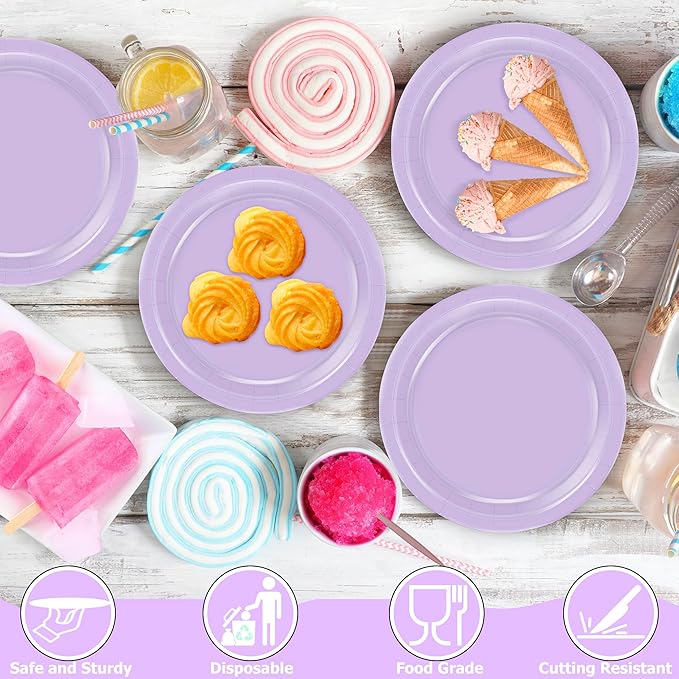 QZYL 50 PCS Paper Plates, 7 Inches Round Lavender Small Paper Plates, Disposable Plates for Party, Disposable Paper Plate Set, Strong and Sturdy Party Favors for Bridal Great Party Graduations Picnic