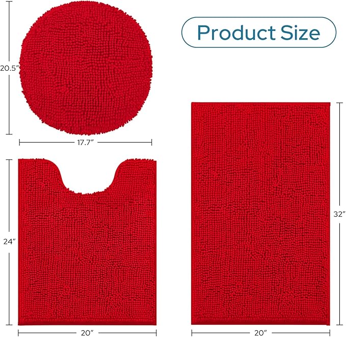 BYSURE Red Bathroom Rugs Sets 3 Piece with Toilet Lid Cover Non Slip Extra Absorbent Plush Chenille Soft Washable Bath Mats