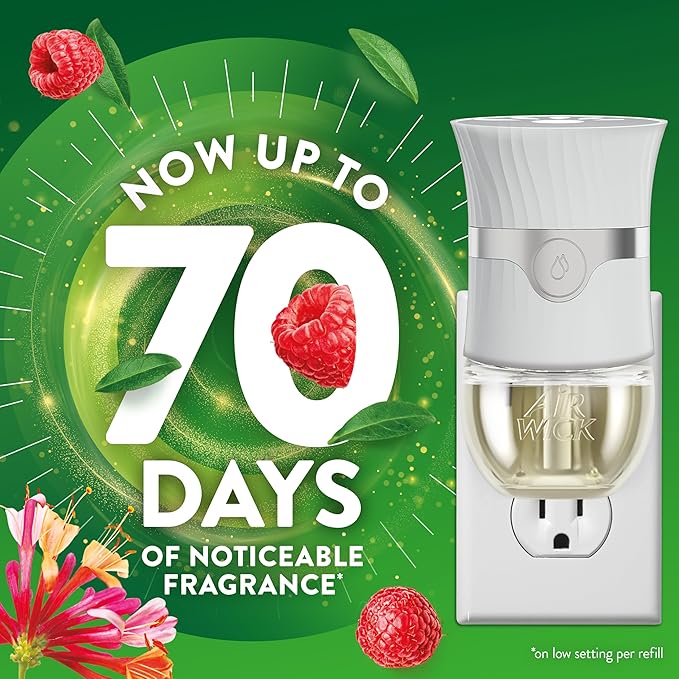 Air Wick Plug In Scented Oil Refill, Infused with Essential Oils, Plug In Air Fresheners for Home, Honeysuckle & Raspberry, 4 ct