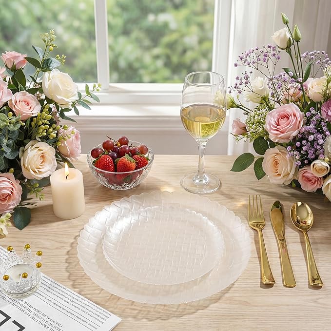 Festiva 60PCS Clear Ivory Plastic Plates - Heavy Duty Weave Pattern Fancy Disposable Plates -serve for 30 guests Include 30PCS 10" & 30PCS 7" Plates for Bithday &Easter Party(Ivory)