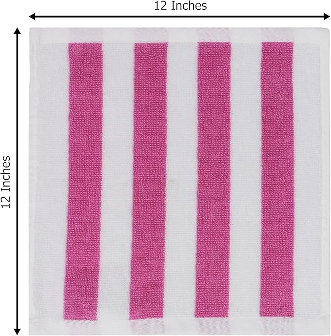 ORIGINAL KIDS Wash Cloth - Set of 12 Cabana Stripe Washcloths - 100% Cotton Yarn-Dyed Terry - 450 GSM Quick Dry Soft Absorbent Gentle Baby Face Towels for Bathroom Travel Daycare - 12x12 - Pink White
