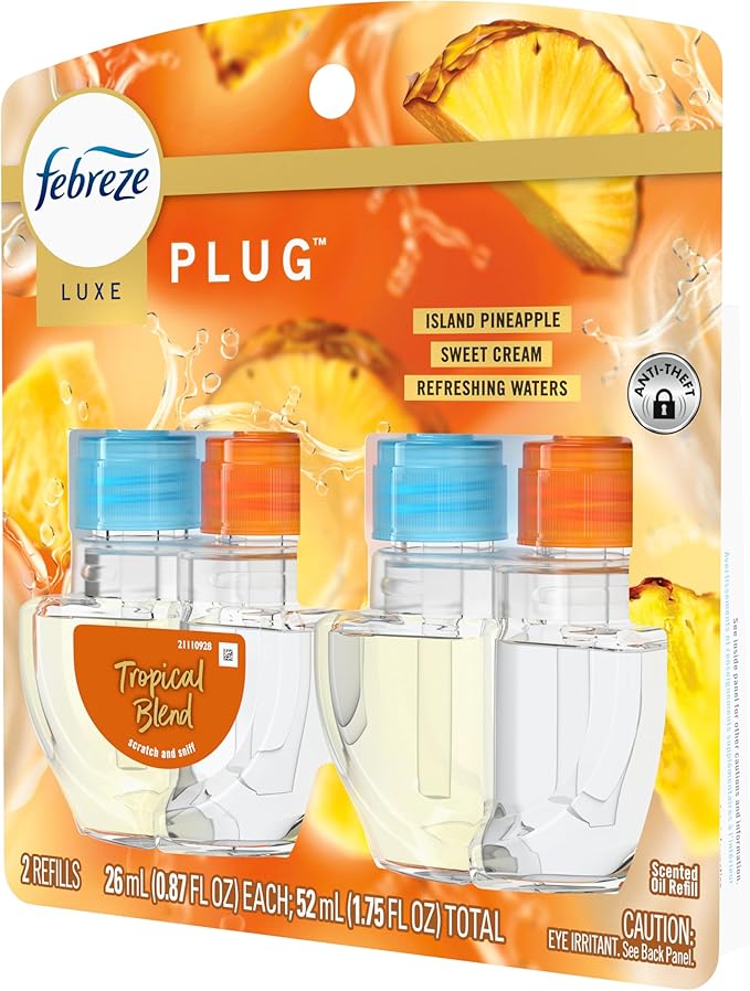 Febreze Plug In Air Freshener, Odor-Fighting Scented Oil Refill, Tropical Blend Scent, 2 Refill
