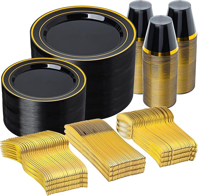 N9R 600PCS Black and Gold Plastic Dinnerware Set, Disposable Plastic Plates Includes 100 Dinner Plates, Dessert Plate, Cups, Spoons, Forks, Knives for 100 Guests, Perfect for Party, Wedding, Birthday
