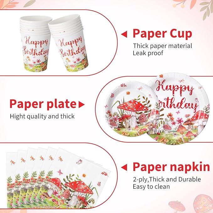 Pickmesh 400 Pcs Mushroom Birthday Party Decoration Set, Disposable Mushroom Paper Plates and Napkins, Cups and Cutlery Supplies Spring Themed Birthday Party Tableware, Serve for 50 Guests