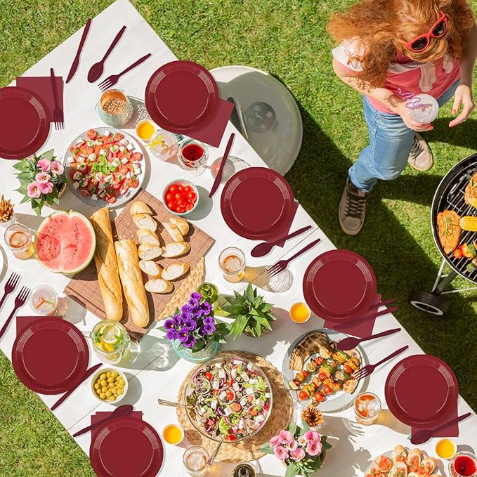 228PCS Burgundy Party Supplies Set Include Paper Plates Cups Paper Napkins Plastic Spoons Forks Knives for 30 Guests Disposable Party Dinnerware for Birthday Wedding Family Picnic