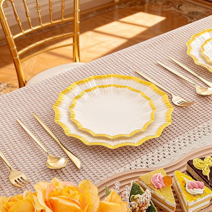 DaYammi 60Pcs Ivory Plastic Plates with Gold rim,Ivory Gold Disposable Plates - Heavy duty Plastic Plates Include 30 Dessert Plate,30 Dinner Plate,Ivory Scalloped gold plates for Party Wedding