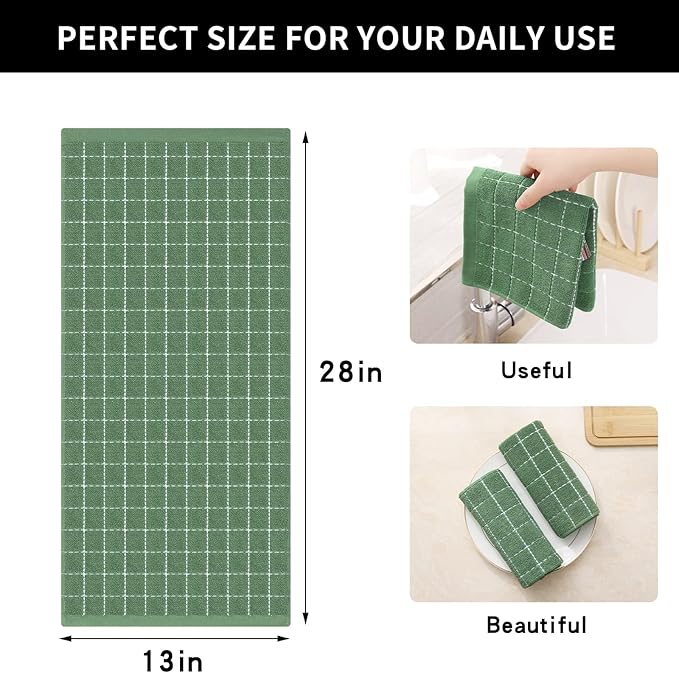 Homaxy 100% Cotton Terry Kitchen Towels(Grass Green, 13 x 28 inches), Checkered Designed, Soft and Super Absorbent Dish Towels, 24 Pack