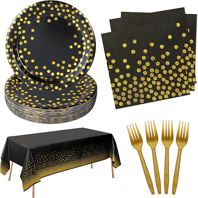 Black and Gold Paper Plates and Napkins Tablecloth Party Supplies,Serves 25 Guests Black Gold Plates and Napkins Tablecloth,Disposable Tableware Set for Birthday Graduation Retirement Decorations