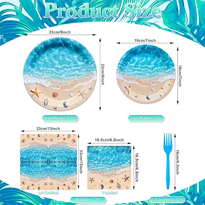 100 Pieces Beach Party Tableware Set – Ocean Wave Disposable Plates, Napkins and Forks, Seashell Starfish Summer Pool Party Supplies for Birthday, Beach Theme and Tropical Decorations