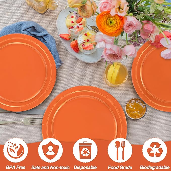 QZYL Disposable Paper Plates Set, 50 PCS Orange Dinner Paper Plates, Round 9 Inches Party Plates Pack for Daily Meal Picnic Anniversary Thanksgiving Festival Gathering Party Supplies