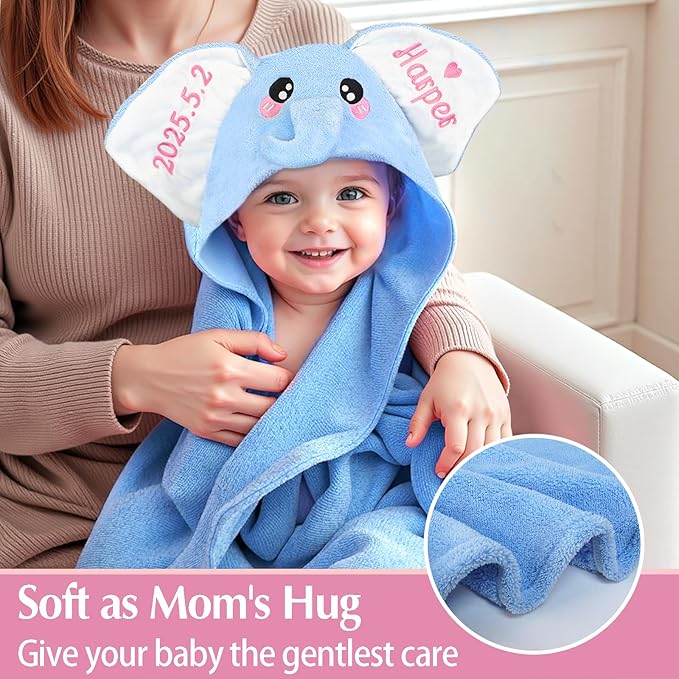 Baosity Custom Hooded Baby Towel with Name, Personalized Soft Absorbent Elephant Bath Towels, Shower Towels for Girls Boys, Easter Brithday Christmas for Baby, Toddler, Newborn Essential