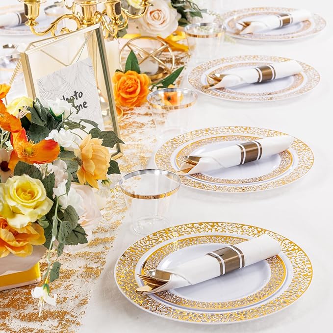 WELLIFE 100 Guests Dinnerware Sets, Gold Plastic Plates, Platos Para Fiestas Elegantes Desechables Include:100 Dinner Plates,100 Dessert Plate,400 Pcs Gold Plastic Silverware, 100 Cups for Party