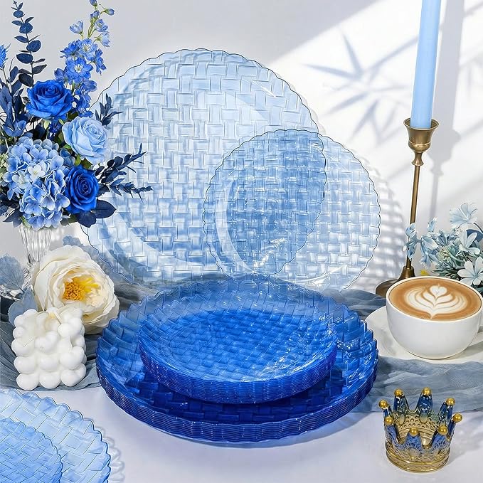 Festiva 60PCS Clear Blue Plastic Plates - Heavy Duty Weave Pattern Fancy Disposable Plates -serve for 30 guests Include 30PCS 10" & 30PCS 7" Plates for Birthday & Easter Party(Blue)