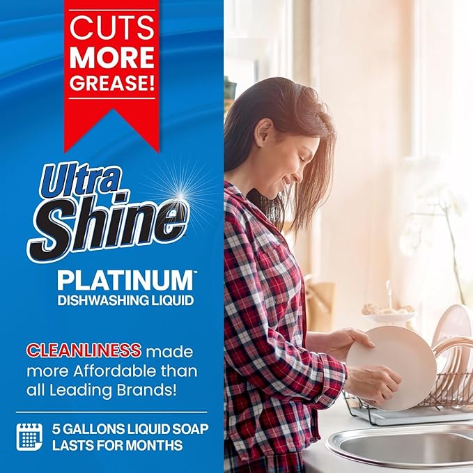 Ultra Shine 4 Pack 3X Platinum Bulk Dishwashing Liquid, Powerful Grease Remover, 5-Gallon - Concentrated Dish Cleaner Soap for Commercial Kitchens, Restaurants & Home Cleaning, Gentle on Hands & Skin