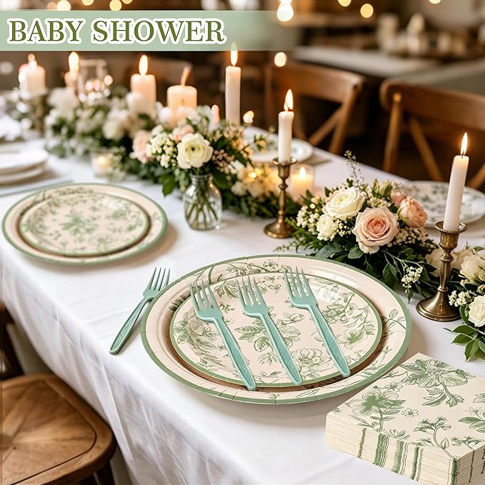 100 Pcs Sage Green Floral Party Supplies for 25 Guests, Heavy-Duty 7" & 9" Paper Plates, 2-Ply 13" Napkins & Plastic Forks, Disposable Tableware Set for Bridal Baby Shower and Tea Party