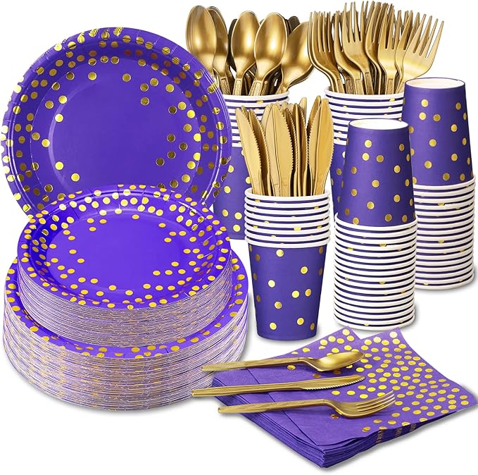 Purple and Gold Party Supplies 140 Pieces Golden Dot Disposable Party Dinnerware - Purple Paper Plates Napkins Cups, Gold Plastic Forks Knives Spoons for Baby Shower, Wedding, Graduation