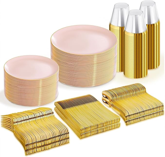 WDF 300Pcs Pink Plates Disposable - Pink and Gold Plastic Dinnerware Set for 50 Guests Include 50 Dinner & Cake Plates & 50 Disposable Cutlery & 50 9oz Cups for Wedding/Baby Shower/Birthday