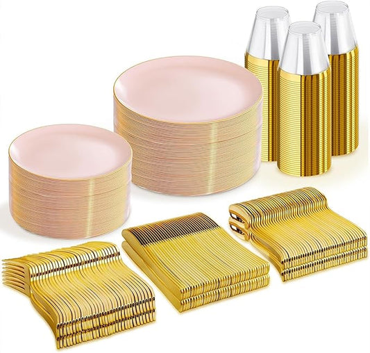 WDF 300Pcs Pink Plates Disposable - Pink and Gold Plastic Dinnerware Set for 50 Guests Include 50 Dinner & Cake Plates & 50 Disposable Cutlery & 50 9oz Cups for Wedding/Baby Shower/Birthday