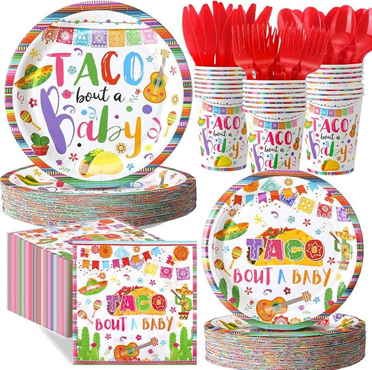 Pickmesh 400 Pcs Taco Bout a Baby Decoration, Mexican Birthday Party Supplies with Taco Plates Napkins Cups and Cutlery, Fiesta Baby Shower Birthday Party Favors for 50 Guests