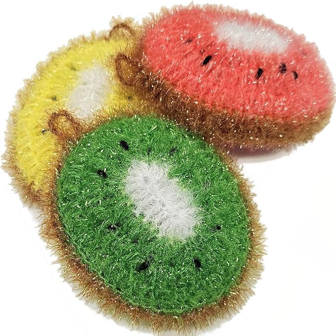 100% Handmade Crochet Kiwi Design Dish Scrubber Scrubbies 3 Set