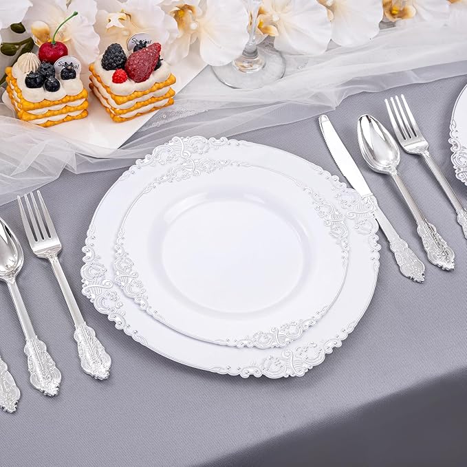 Liacere 150PCS Silver Plastic Plates with Silver Cutlery - Disposable Plastic Plates Include 30Dinner Plate, 30Dessert Plate, 30Knives, 30Spoons, 30Forks - Ideal for Wedding & Party
