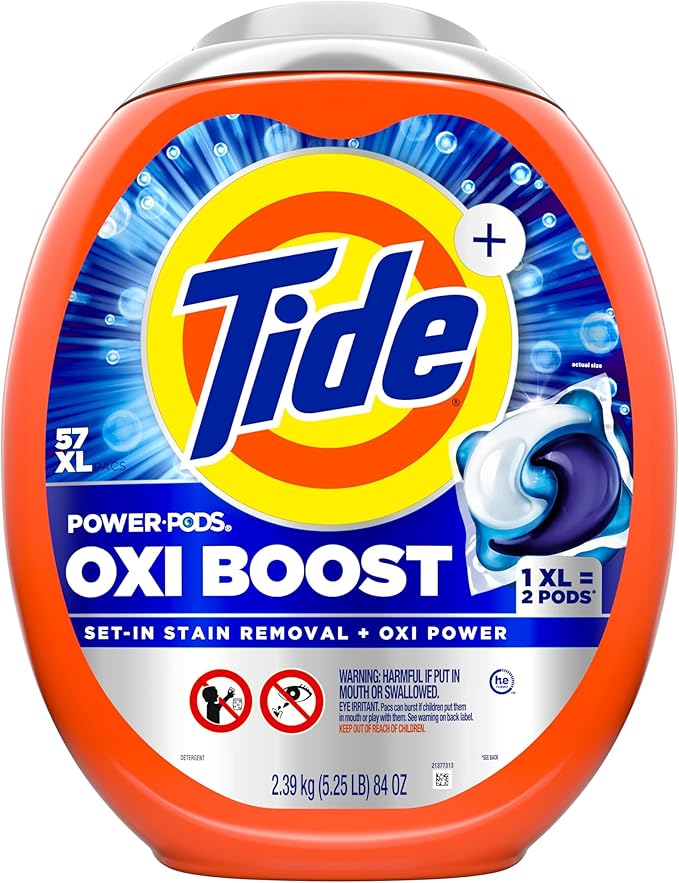 Tide Oxi Boost Power PODS Laundry Detergent Pacs, 57 Count, Set-In Stain Removal + Oxi Power, laundry soap detergent pacs