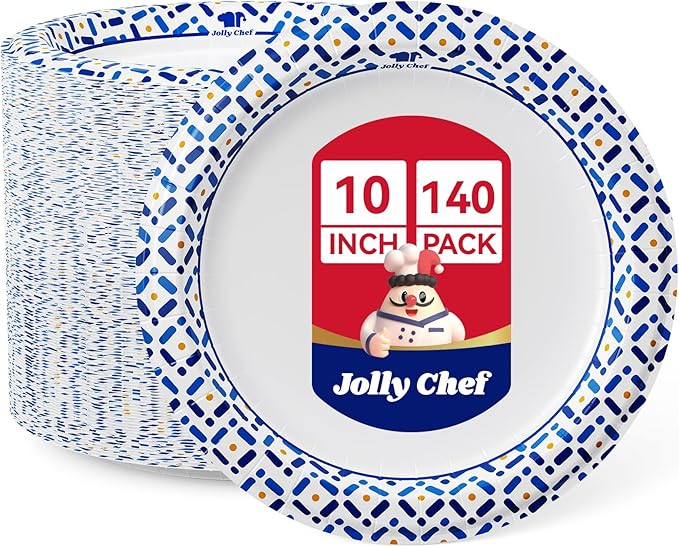 JOLLY CHEF 10 Inch Paper Plates 140 Count, Soak-Proof, Cut Proof, Disposable Heavy Duty Plates for Picnic, Family Gatherings, Parties