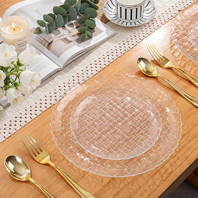 Festiva 60PCS Clear Plastic Plates - Heavy Duty Weave Pattern Fancy Disposable Plates -serve for 30 guests Include 30PCS 10" & 30PCS 7" Plates for Party&Wedding (Clear)