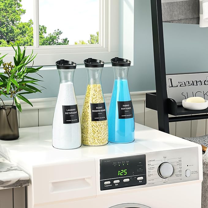Galasily 3 Pack Laundry Detergent Dispenser Container, 54OZ Liquid Laundry Soap Dispenser with 12 Labels, Black Laundry Room Organization for Powder, and Fabric Softener