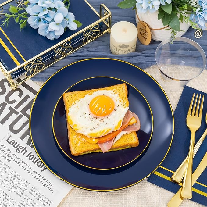 NOCCUR 350PCS Navy Blue Plastic Plates - Blue Disposable Dinnerware Set for 50 Guests, 100 Dinner/Dessert Plates, 150 Gold Silverware, 50 Cups&50 Napkins for Party/Wedding/Graduation/Memorial Day