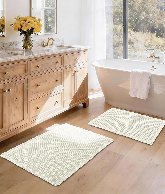 DWCN Waffle Bathroom Mat Set, Super Absorbent Non Slip Bath Rug Set for Bathroom Floor, Shower Mats 2 Pcs for Tub, Washable Kitchen Rugs for Farmhouse Boho Home Decor, 24"x16"Plus 32"x20", Ivory