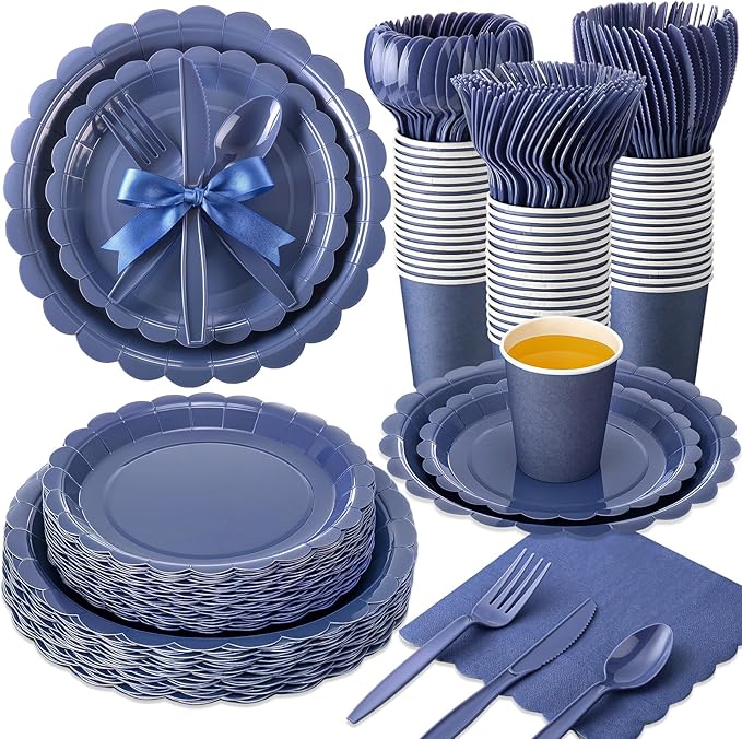 Ziliny 350 Pcs Navy Blue Plates and Napkins, 50 Guest Graduation Party Supplies Include Scalloped Paper Plates Napkins Cups Plastic Spoons Forks Knives Disposable Tableware Set for School Graduate