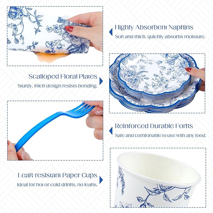Kochorie 144 Pieces Blue Floral Paper Plates and Napkins Party Supplies, Blue and White Flower Tableware Set Include Vintage Scalloped Plates Napkins Cups Forks for Wedding Birthday Tea Party