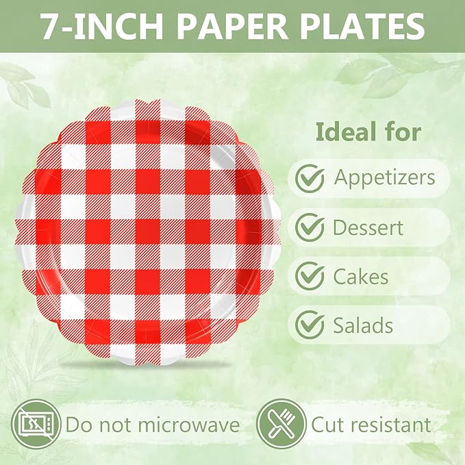 Mulbozy 75 Red Gingham Plates and Napkins Disposable Set Includes 25 Dessert Cake Scalloped Plates, Cocktail Napkins & Forks, for Fork 25 Guests Holiday Party Supplies.