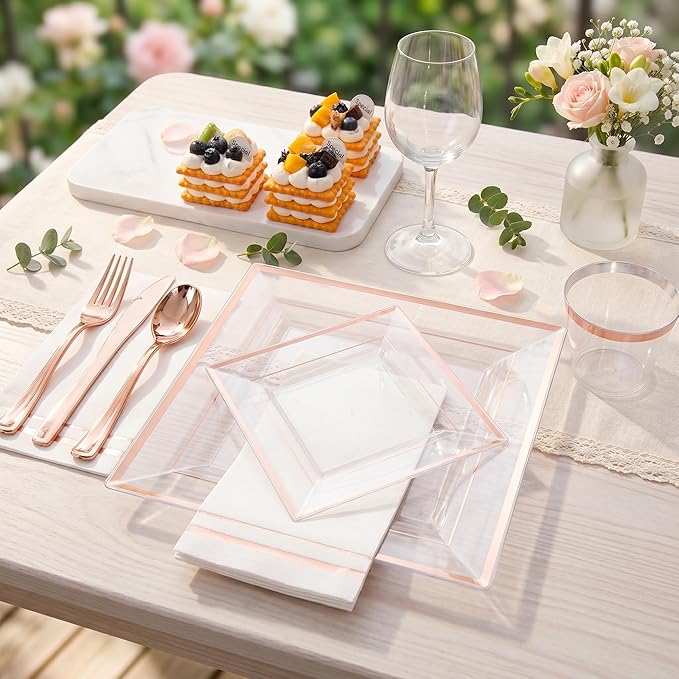 Festiva 350Pcs Rose Gold Plastic Plates - Clear Rose Gold Disposable Dinnerware Sets for 50Guests include 100 Plates 50 Cups 50Plastic Cutlery 50Napkins for Party&Wedding& Mother's Day
