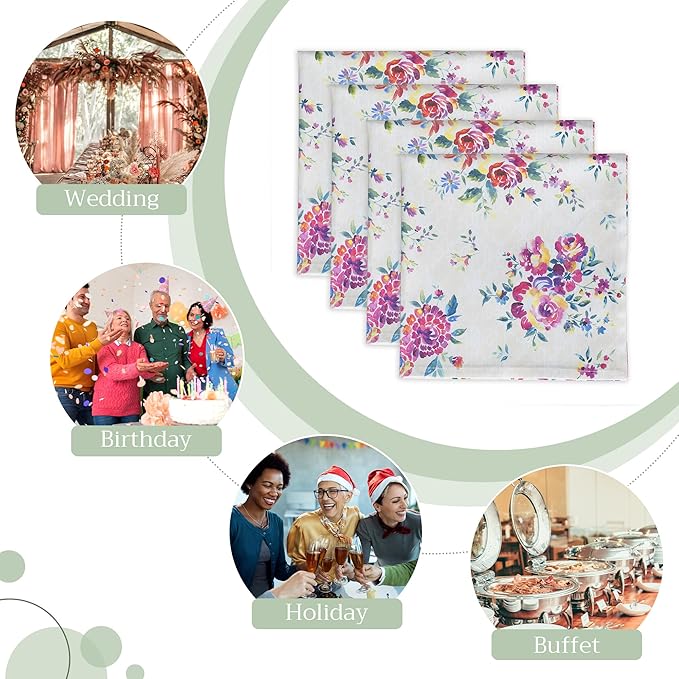 Maison d' Hermine 100% Cotton Cloth Napkins Set of 4 Everyday Reusable Square Napkins Cloth Washable Dinner Party Wedding Restaurant Hotel Kitchen Spring Summer (Rose Garden, 20" x 20")
