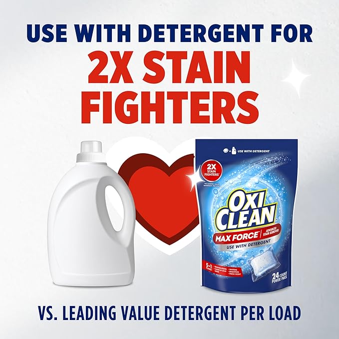 OxiClean Max Force Advanced Stain Remover Power Paks, Color-Safe, Bleach-Free Kids and Baby Essential, Use with Detergent to Remove Messy Stains like Berries, Juice, Mud, Grass, 24 Count