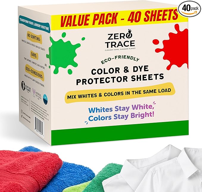Zero Trace Color Catchers for Laundry - Protects Clothes with Color Dye Catcher,Run Remover, Color Grabbing and Color Bleed Remover for Clothes - 40 Sheets
