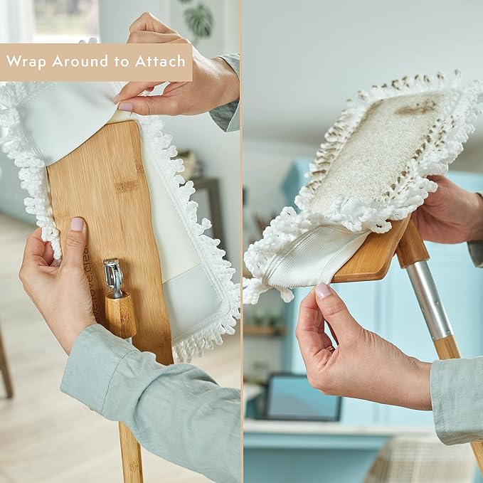 Harper Live.Love.Clean. Bamboo 2-in-1 Smooth Surface Wet/Dry Dust Mop with (2) Washable Wraparound Pads for Cleaning Dust, Pet Hair & Fine Dry Dirt