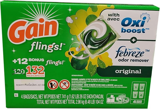 Orgain GAIN Flings! Original Scent Liquid Laundry Detergent Pacs, 132 ct.,, 132Count