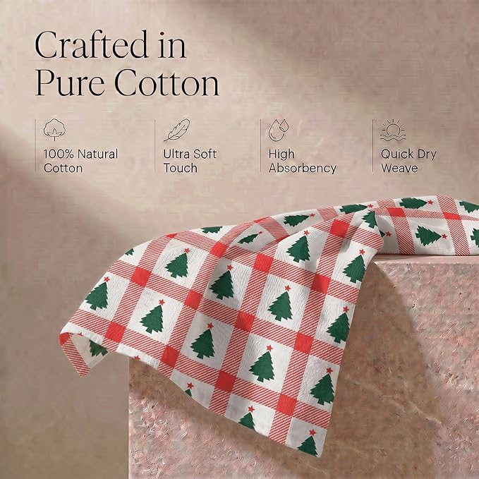 Urban Villa Christmas Kitchen Towels Christmas Tree Print Premium Quality 100% Cotton Dish Towels Mitered Corners Ultra Soft (Size: 20X30 Inches) Highly Absorbent Bar Towels & Tea Towels - (Set of 6)
