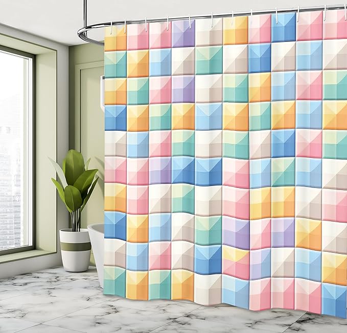 Ambesonne Colorful Shower Curtain, Modern Grid Design Checkered Pastel Tones with Futurist Line Details Colour Jumble, Cloth Fabric Bathroom Decor Set with Hooks, 69" W x 84" L, Multicolor